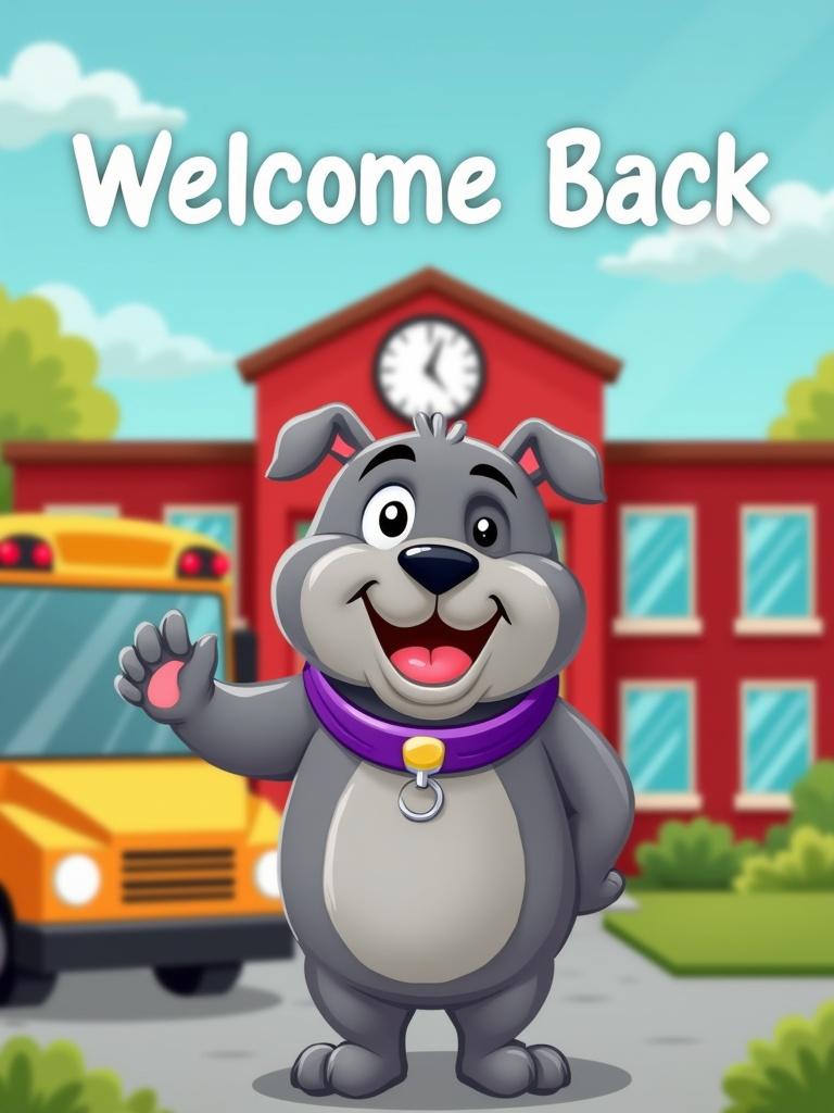 Cartoon of a gray adult bulldog standing and smiling. The bulldog is wearing a purple collar and waving. Background includes a bright school building and a yellow school bus. The text Welcome Back is displayed above.