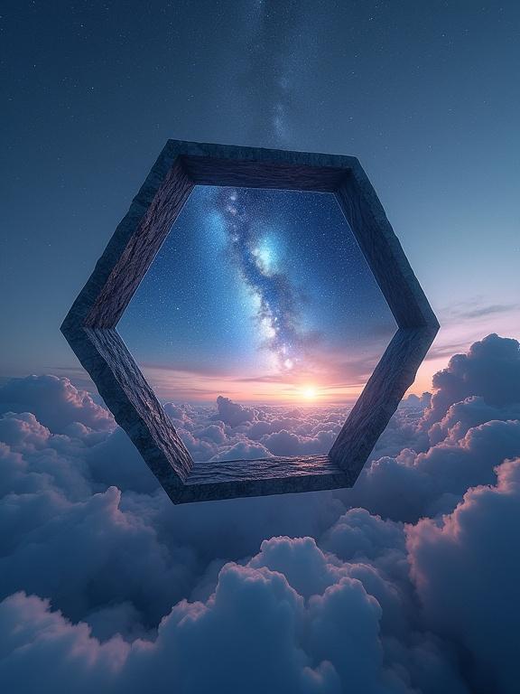 Floating hexagonal chamber in twilight sky above clouds. Walls shifting from stardust glass to moss-covered stone. Floor mimics beach sand, warm grass, or polished obsidian. Panoramic skylights to other worlds like galaxies, cyberpunk cities, or enchanted forests.