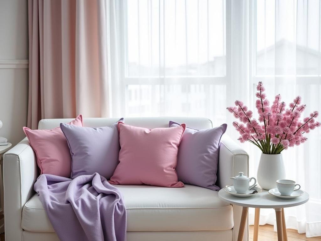 This image depicts a cozy living room with a stylish white couch adorned with pillows in various pastel colors including light purple, pink, and deep purple. A small white side table holds a simple tea set, complete with a teapot and cup, suggesting a serene setting for tea time. A soft, light purple throw blanket rests on the arm of the couch, adding a touch of warmth to the decor. Large, sheer curtains frame a bright window, allowing natural light to flood into the room, enhancing its airy feel. A white vase filled with pink flowers sits on the side table, bringing a splash of color and a natural element to the space. The overall ambiance is calm and inviting, perfect for relaxation.