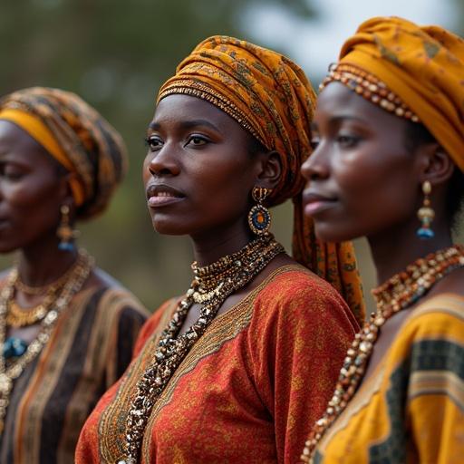 Portrait of Ethiopian women wearing traditional clothing. They are adorned with colorful headwraps and ethnic jewelry. The setting is outdoor with natural light. The women are standing in a line showcasing their cultural attire and expressions.