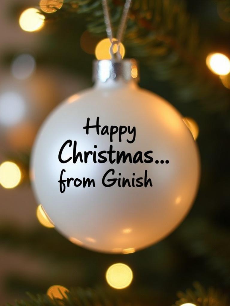 Close-up of a white Christmas bauble with text displaying 'Happy Christmas...from Ginish'. Blurred twinkling lights in the background create a festive mood.