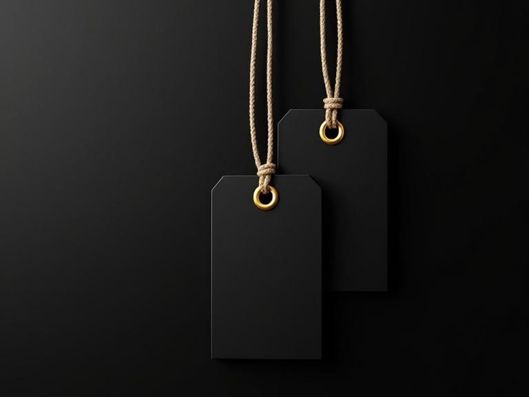 Two black rectangular tags hang from a beige rope loop. Gold eyelet adds elegance. Dark background enhances minimalistic style. Soft lighting highlights texture. Symmetrical composition creates balance.
