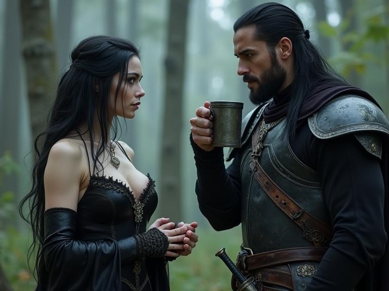 A gothic scene in a forest. Dark-haired woman dressed as a witch holding a knife. A muscular man in dark armor holding a mug and sword. They are in conversation.