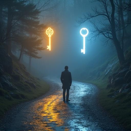 Person stands at a fork in the road. Two glowing paths visible. Left path leads to a floating golden key. Right path leads to a floating silver key. Ethereal and game-like fantasy environment. Mysterious atmosphere.