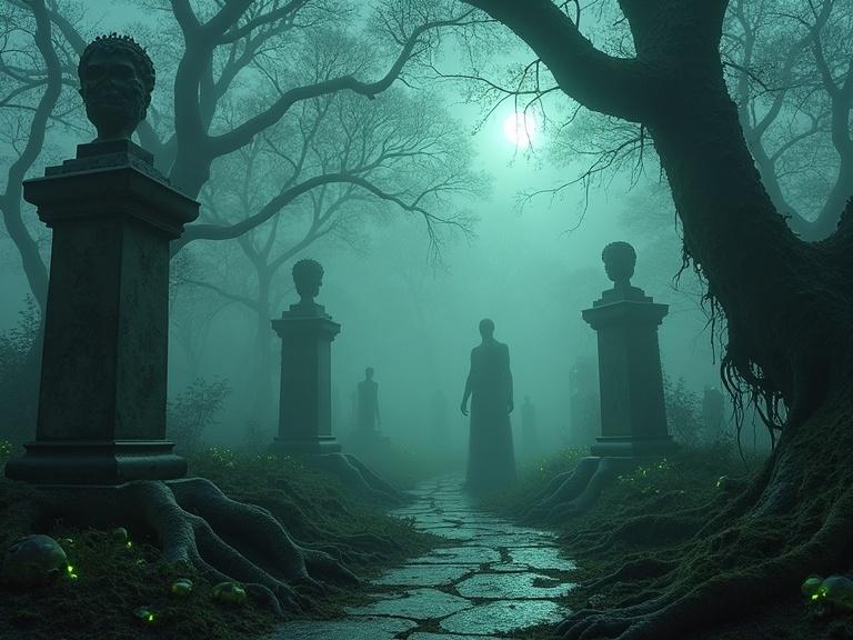 Chilling image of a mist-shrouded garden with bioluminescent fungi and skeletal figures. Gnarled roots and cracked statues illuminated by high-contrast light. Haunting atmosphere with dystopian textures.