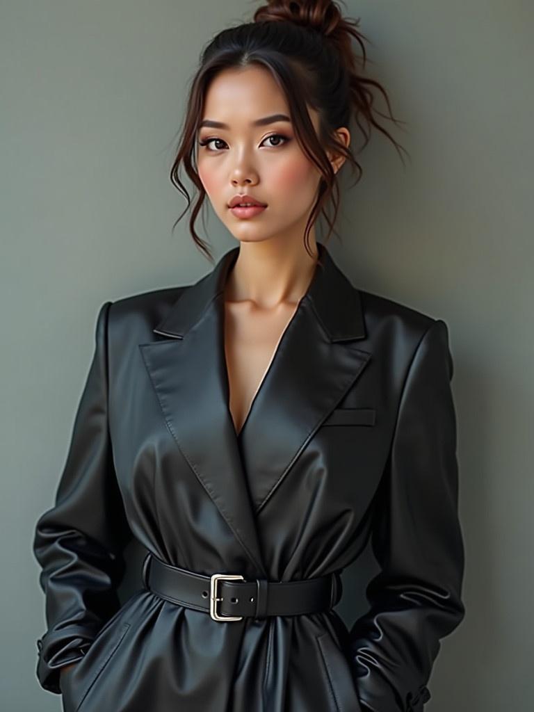 A person wears a sleek black trench coat with a belt. The background is muted. The focus is on the outfit's stylishness and elegance. Hair is styled in a loose bun.