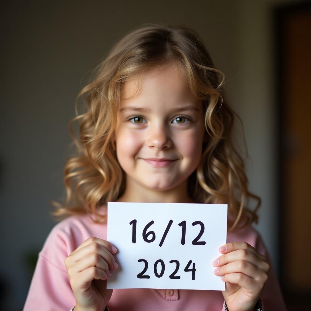 A girl holding a paper with a date written on it. The date displayed is 16/12/2024. The girl has soft curls and is smiling. The setting has cozy natural lighting.