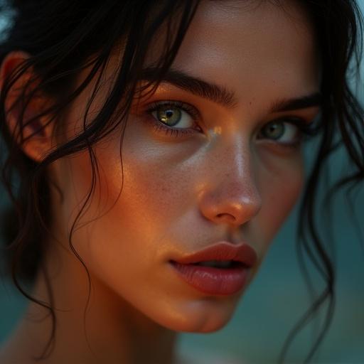 Dramatic portrait highlighting exaggerated allure. Hyperrealistic glamour with volumetric lighting creates an ethereal atmosphere. Soft bokeh background enhances cinematic composition. Strong depth of field and luminescent skin texture give a magazine quality look. Features glossy surfaces and intense catch lights. Rich saturated colors bring life to the image. Photo realistic rendering with ultra sharp details and dramatic shadows.