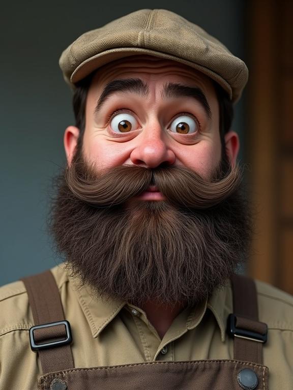 Realistic photo of a handyman character seen from the chest up. He has expressive kind eyes. Worn work clothes including a textured cap. A large bushy mustache and beard cover his mouth. Natural lighting highlights textures of skin and clothing. Background is neutral. High-quality image suitable for a professional avatar.