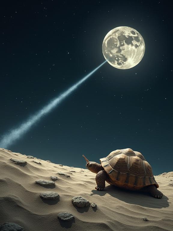 Tortoise on sandy ground gazing at the moon with light beam. Moon casts illumination creating a surreal scene. Tortoise symbolizes patience against the speed of light.