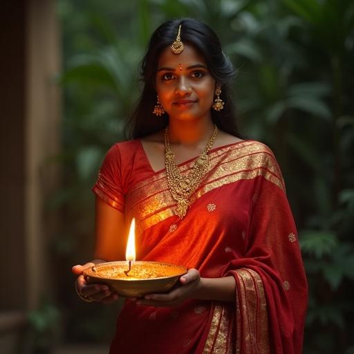 Female model wearing a traditional saree. She holds a lamp in her hand. Model is from Kerala and appears to be 25 years old.