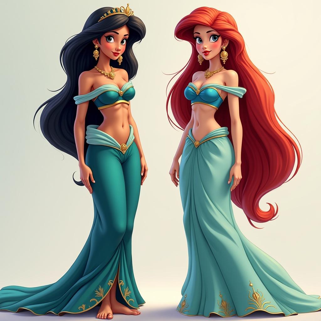 Two princesses wear sarees. One has long black hair. One has long red hair. Both looking elegant standing together.