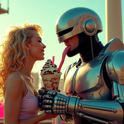 Bright sunny day in retro-futuristic Detroit. Officer Lewis with 1980s blonde curls in police gear feeds ice cream to RoboCop. RoboCop awkwardly sits with chocolate sauce on jaw. Dynamic Dutch angle framing, golden sunlight, comic-book style.