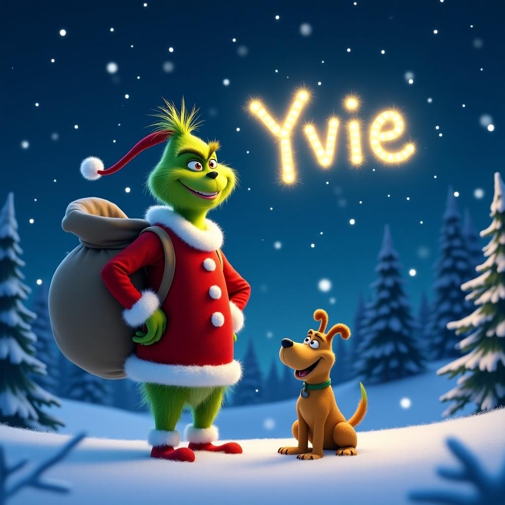 A smiling Grinch stands in a snowy landscape. He writes the name Yvie in the night sky with light. He wears a festive red suit and carries a large sack. A dog stands nearby, smiling. The background has a starry sky and falling snowflakes. Pine trees are visible.