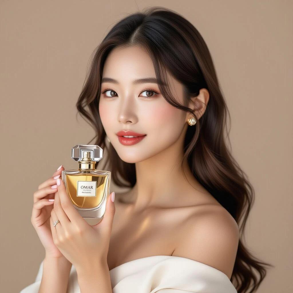 A beautiful Korean woman is holding a perfume named Omar Perfumery. Feminine elegance is portrayed with soft lighting. The perfume bottle has a classic design. Hair is styled in soft waves. The background is a smooth beige. Nails are manicured. Accessories appear fashionable. The image focuses on beauty and sophistication.