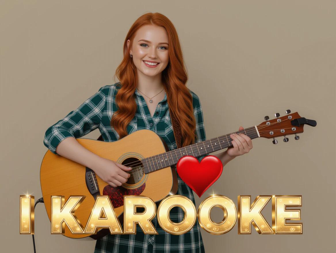 Beautiful Irish girl holding a guitar. Text I love karaoke in metallic 3D letters. The background is a simple beige color.