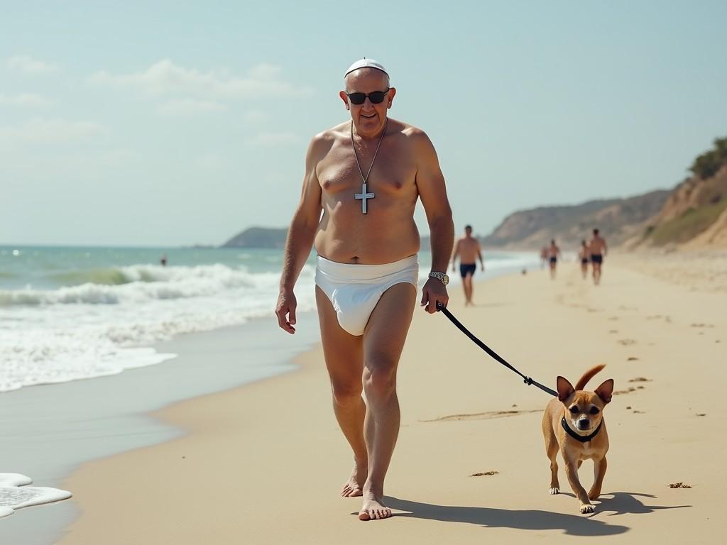 An elderly man walks along a sandy beach, his pet dog trotting happily beside him. The man wears a large cross necklace, sunglasses, and minimal beach attire, indicating a casual, relaxed day at the seaside. In the background, the ocean waves gently crash against the shore, with other beachgoers enjoying the sunny day in the distance.