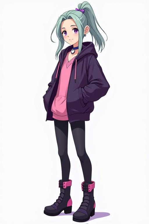 A slender young character wearing a dark purple jacket over a pink top. The character has shoulder-length light green hair styled in a high ponytail with a side braid. Wearing black leggings with pink trim and black high heeled boots. A silver heart choker is visible around the neck. The character has a feminine build and holds a custom Chaos Duel Disk fitting the stylish theme.