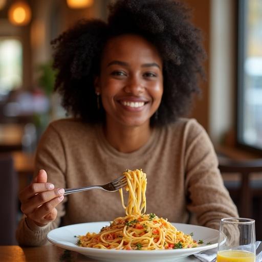 A black African woman enjoying pasta at restaurant. She has a fork with pasta in hand and is smiling at the camera. The table is set with a plate of pasta and a drink.
