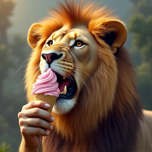 Create a realistic lion enjoying an ice cream cone. The lion holds an ice cream cone with soft serve in a lush, natural setting. Depict natural features of the lion with a focus on its expression of joy.