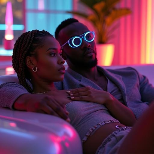 Cinematic close-up showcasing a Black couple in a futuristic recreation room inspired by synthwave. Soft neon ambient lighting in various colors highlights their features and atmosphere. Modern fashion with futuristic accents. Designer furniture and decorative glowing plants enhance the aesthetic. Warm and dreamy ambiance with reflections across glossy surfaces.