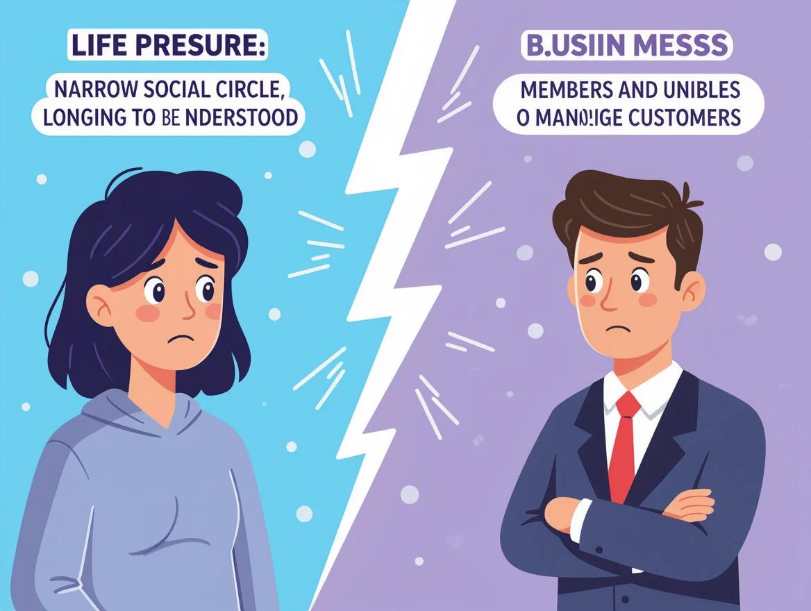 2.5D illustration depicts a lonely young person with a sad expression on the left. The right features a businessman showing a frustrated expression. A striking lightning bolt separates them, symbolizing stress and tension. The background uses translucent cyan and purple gradients. Characters positioned at the edges highlight emotional contrast