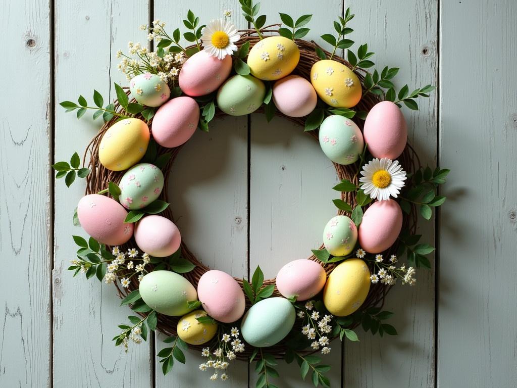 An Easter egg wreath is beautifully arranged against a rustic wooden background. The wreath is adorned with colorful decorative Easter eggs in pastel shades of pink, green, and yellow. Delicate flowers and green leaves weave through the circular design, adding a touch of nature. The wooden planks are weathered, enhancing the charming aesthetic of the setting. The overall composition is warm and festive, perfect for celebrating the Easter holiday.