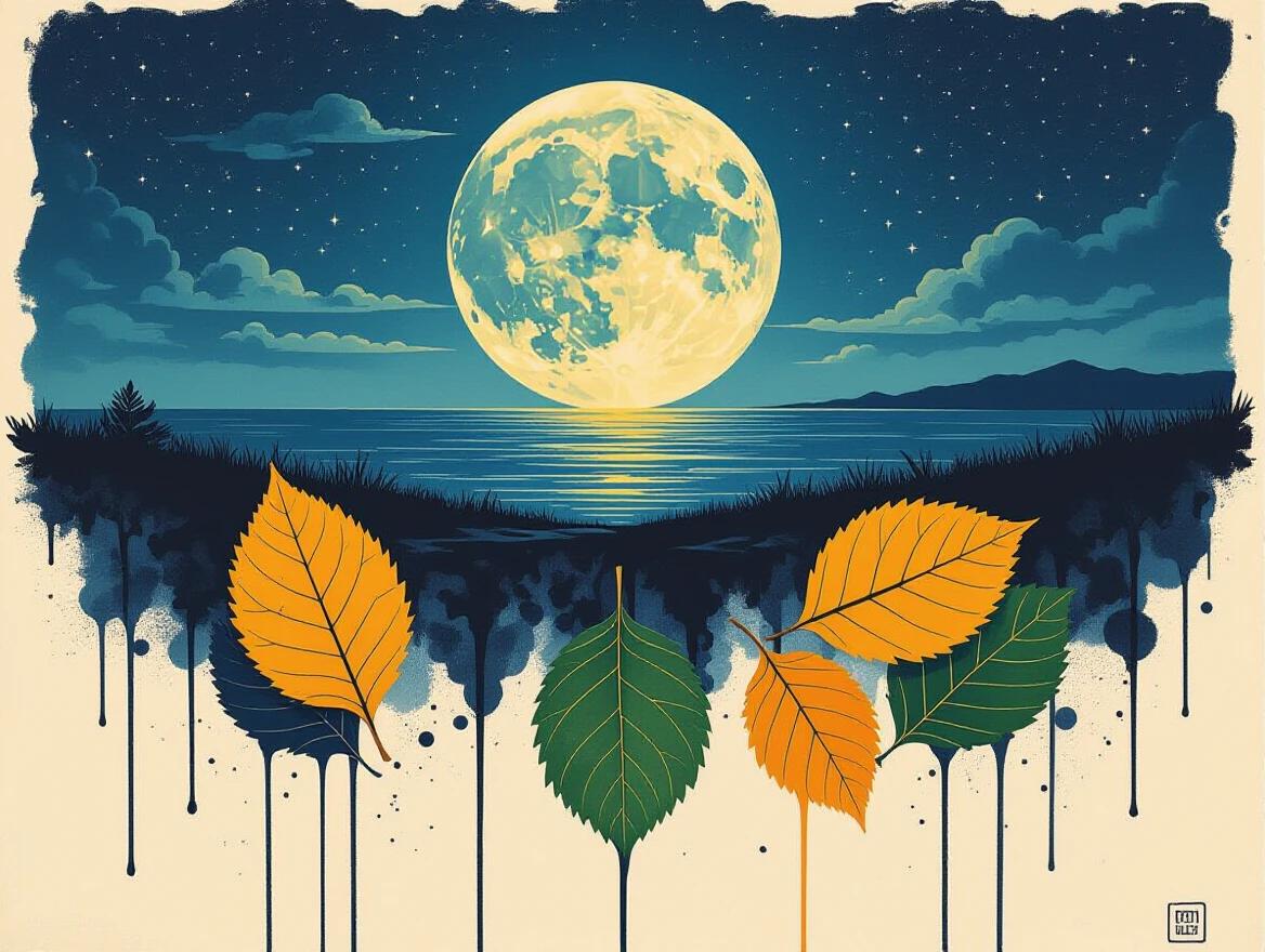 A surreal artwork featuring pressed leaves at the bottom. Ink drips down the leaves. A full moon illuminates the midnight horizon. The horizon shows vast water and distant mountains. The style combines elements of surrealism and impressionism.