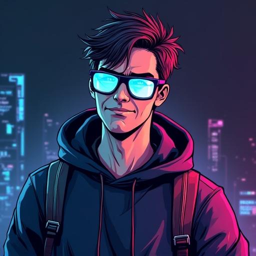 Comic style illustration character with futuristic glasses. Male character is depicted in comic book style with cel shading. He has a sarcastic expression and short messy hair. Character wears a dark hoodie with neon cyan and purple accents. The background contains digital glitch effects. Soft lighting enhances the character's face as he holds a floating laptop.