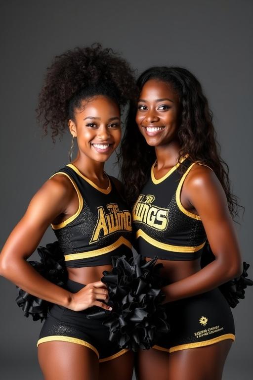 A smiling Black female cheerleader next to another Black female cheerleader. Both wearing athletic uniforms in black and gold with rhinestones. Cheer leaders pose with arms crossed for photo shoot showcasing their team, Eastland Vikings.