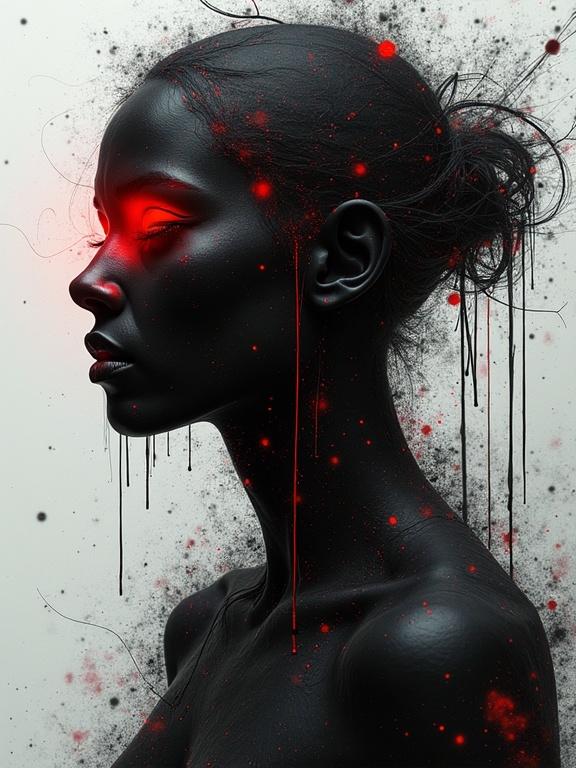 3D art featuring a minimalist portrait of a figure with black body and red glow in the eyes. Abstract background with splashes and lines. Emphasizes minimalist aesthetics and visual chaos.