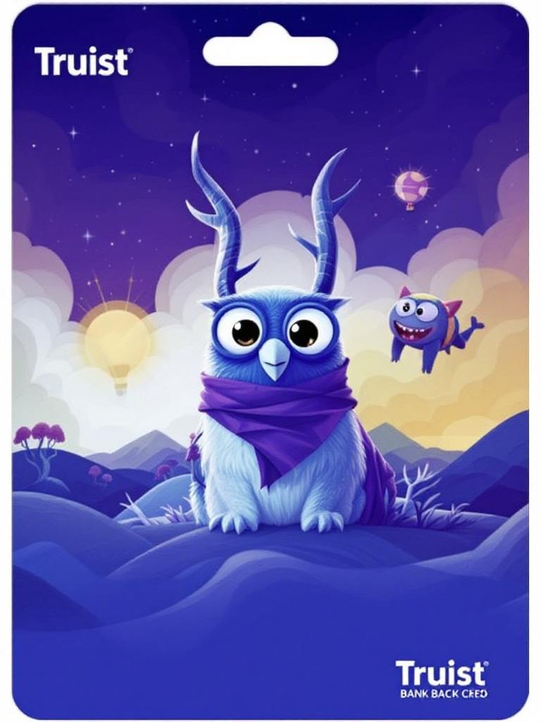 Truist bank back credit card design featuring an animated owl and a small monster in a night landscape. The owl has blue feathers and purple accessories. Background includes stars and whimsical elements.