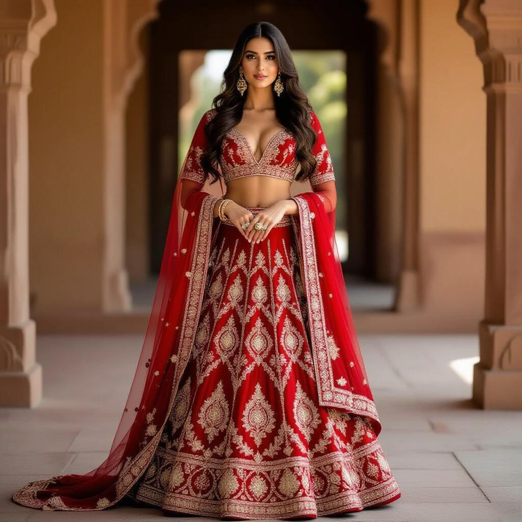 A stunning woman poses outdoors in a red traditional outfit. She wears a red lehenga with intricate embroidery and a deep neckline blouse. A sheer red dupatta drapes over her shoulders. Long dark hair is styled wavy. Statement earrings and rings enhance her look. The background features royal architecture, creating a luxurious vibe.
