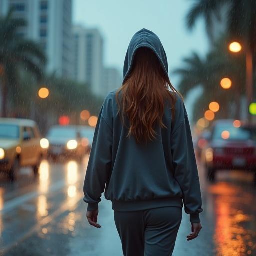 A young girl with red hair walks in the rain wearing a hoodie and sweatpants. She looks sad with her hood up. Cars are passing by in a downtown area of Florida. The setting is cinematic with a sense of solitude.