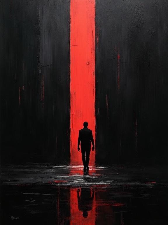Digital oil painting depicting a figure silhouetted against a bright vertical red light. The background is completely black with an emphasis on abstract and minimalistic elements. The composition uses harsh brush strokes and maintains a unique aesthetic. Shadows contain geometric noise and there are formless color voids.