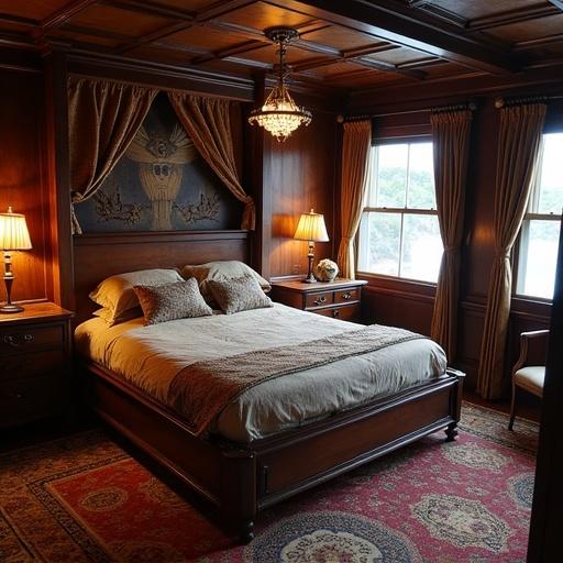 A luxurious pirate-themed bedroom with rich wooden features. Decorative pillows adorn the bed. Warm lighting from lamps enhances the cozy atmosphere. Elegant details like a chandelier and wall art create a grand setting.