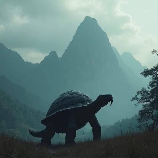 Huge 190 ft tall turtle monster with tusk teeth walking across grassy lands. Tall mountains loom in the background. Fog blankets the scene. Dark atmospheric setting. Detailed textured shell. Suitable for fantasy themes.