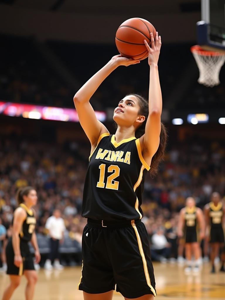 Brunette basketball player in black and gold uniform number 12 making a three point shot with a filled crowd in the background cheering for the game.