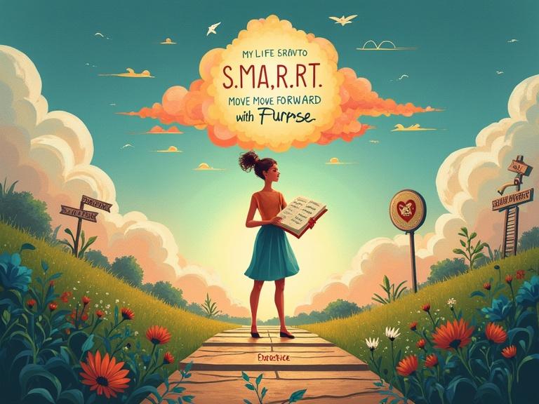 Dynamic illustration represents the process transforming dreams into actionable goals. Central figure is a confident woman in her 40s or 50s at a crossroads. She holds a compass labeled Purpose and a journal titled My S.M.A.R.T. Goals. Behind her, a glowing vision board displays dreams like travel and personal growth. Path paved with stepping stones shaped like S.M.A.R.T. letters marked with specific goal-setting criteria. Surrounding her are symbolic challenges with strategies above each. Banner reads: Dream Big. Plan Smart. Move Forward with Purpose.