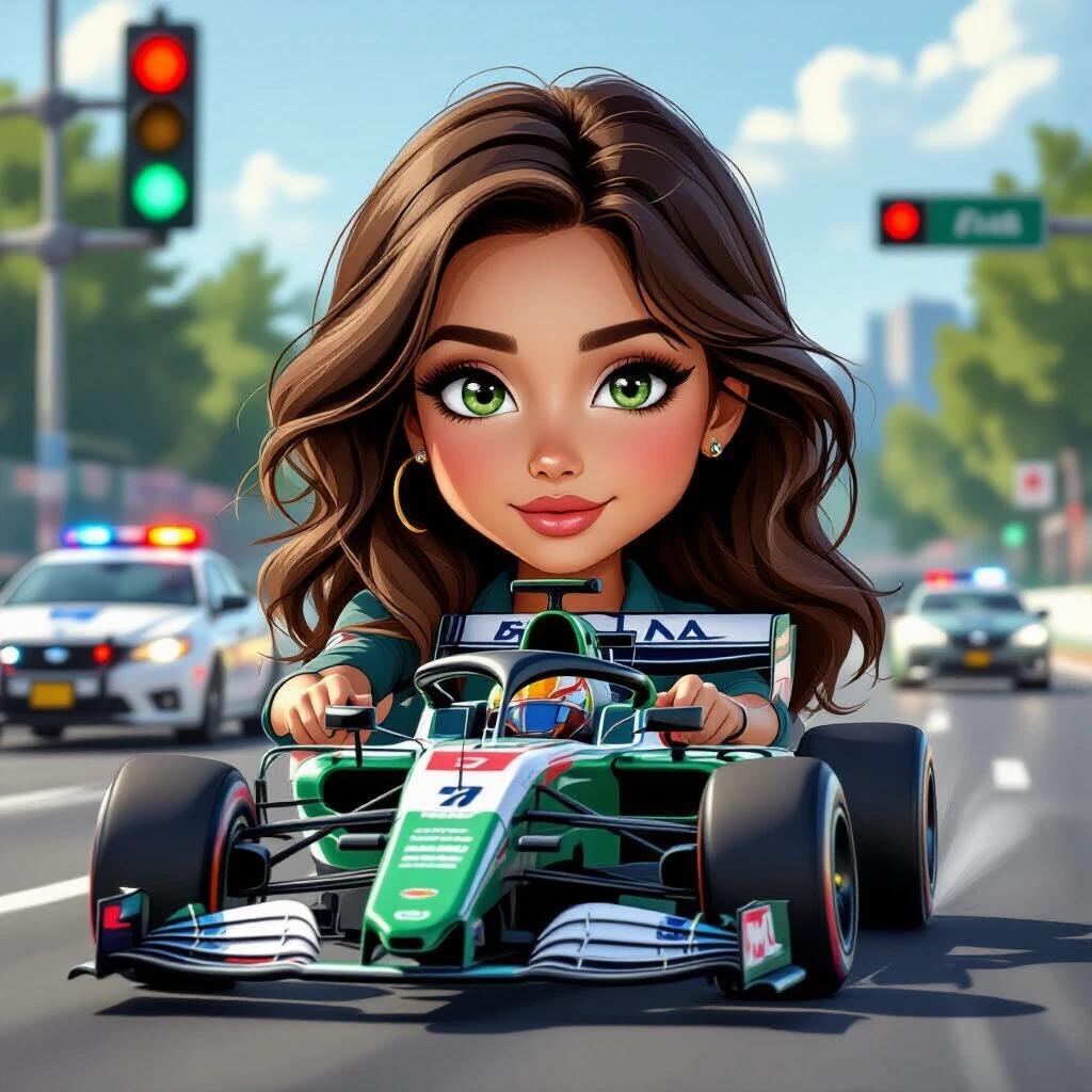 A Latin girl with brown hair and green eyes drives a race car through a city street. She speeds past a red traffic light with police cars in pursuit. The scene is vibrant and very photo-realistic.