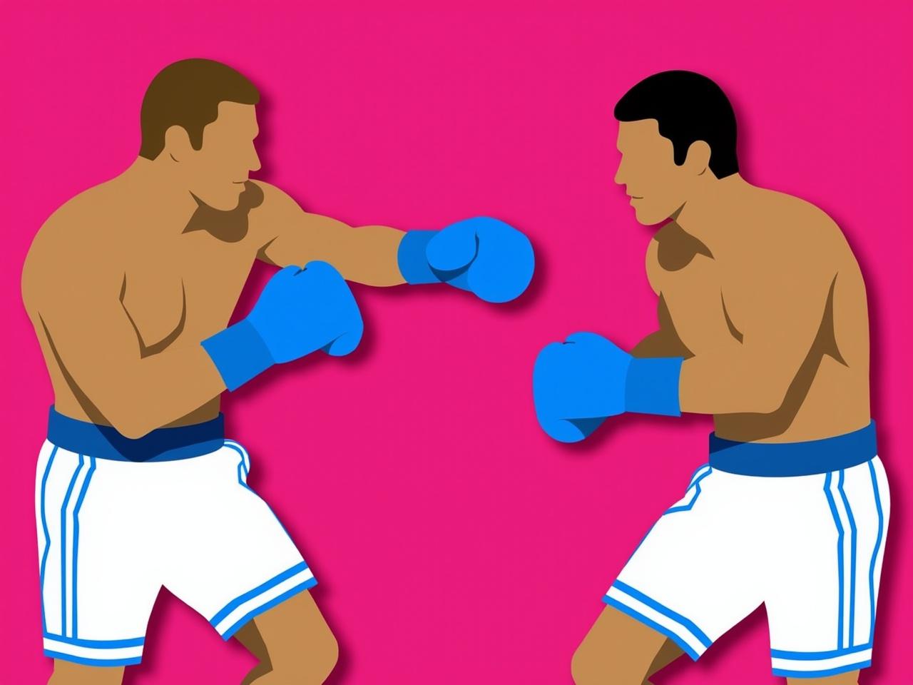 The image features two male boxers in a fighting stance, ready to engage in a match. Both boxers are wearing bright blue boxing gloves and white shorts with blue detailing. The setting has a vibrant pink background, which emphasizes the action and energy of the scene. The boxers appear muscular and athletic, indicating they are physically fit. They are focused and slightly crouched, reflecting the intensity of a boxing match.