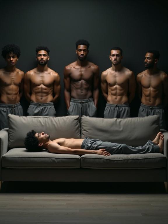 Cinematic-style scene in a modern living room. Large sofa centered in the image. Young man lies on the sofa with nervous expression. Five tall muscular men stand shirtless behind the sofa. Lighting is dim and dramatic. Focus on contrast and tension in the composition.