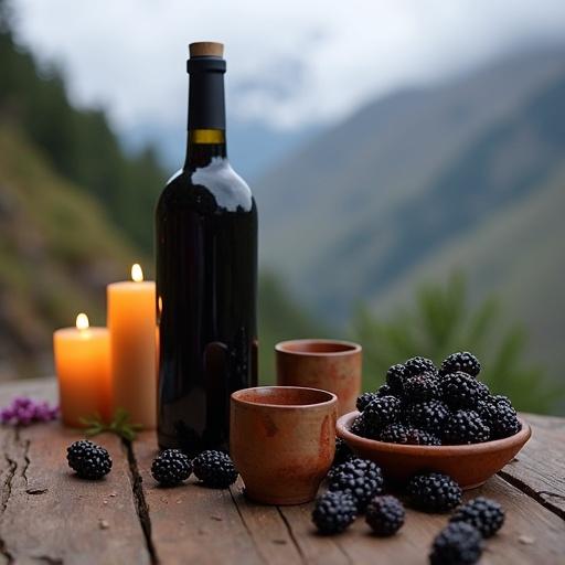 Rustic wooden table in the highlands features a glass bottle of blackberry wine with fresh blackberries scattered around. A cloudy mountain backdrop is visible with warm candlelight glowing nearby. Handcrafted ceramic cups are placed on the table, creating a cozy Andean atmosphere with rich earthy textures and a warm color palette typical of artisanal lifestyle photography.