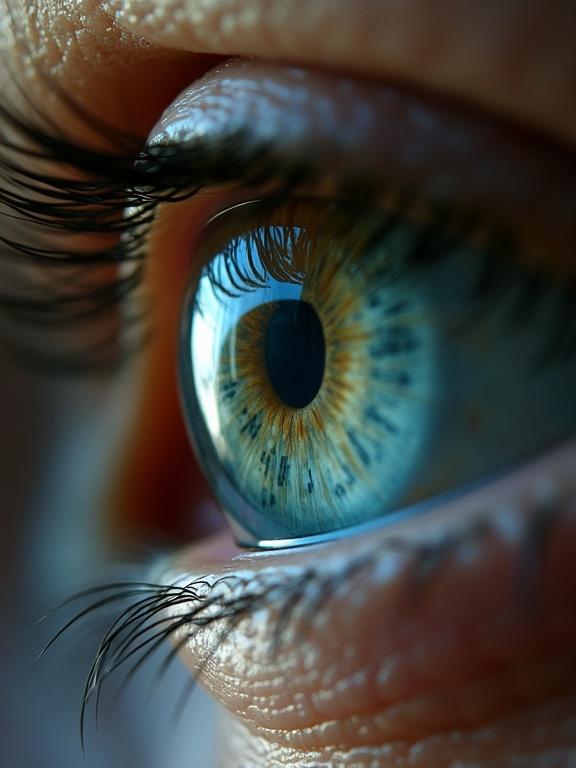 Highly detailed extreme close-up of a human eye showing rapid pupil dilation in shock. Reflection in iris displays blurred ancient symbols. Cinematic style in macro detail.