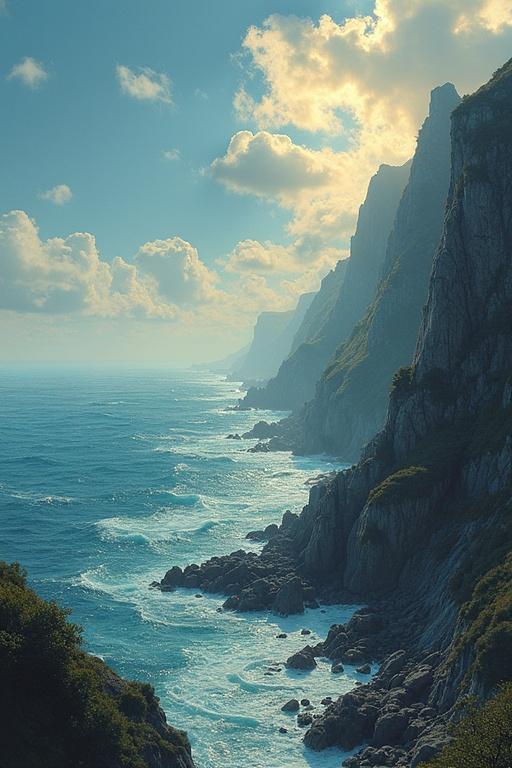 A coastline with cliffs and ocean waves. Bright blue skies with clouds. The sun casts a soft glow over the scene. Natural beauty and tranquility.