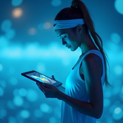 Close-up shot of a female tennis player kneeling in a glowing blue landscape. She holds a luminous tablet showing a butterfly. The camera zooms in on the tablet and the vibrant butterfly colors. Background pulses softly with light.