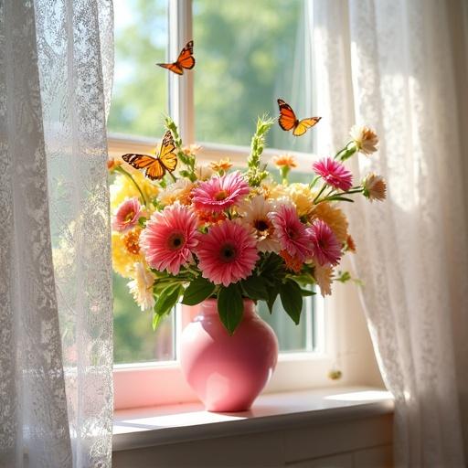 Floral arrangement with colorful flowers in a pink vase on a window sill. Sunlight shines through white lace curtains. Butterflies flutter around the flowers.