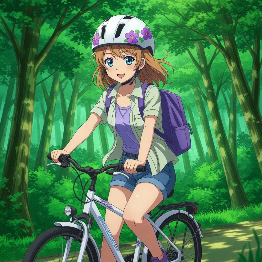 Anime style drawing of a girl with light brown hair and blue eyes wearing a white bike helmet with purple flowers. She is dressed in greyish blue shorts, a light greyish beige short sleeve shirt, a lilac top, and purple sneakers. The girl has a purple backpack and is cycling through a vibrant green forest.