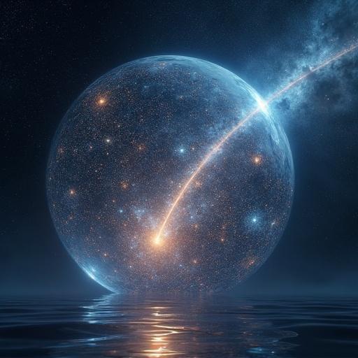 Colossal glass bubble drifts in cosmic void. Last sentient mind exists inside. Surface projects internal world. Fractals of despair and equations of lost love ripple across. Nebulae manifest inside bubble. Tear of light ignites into comet. Scene conveys profound loneliness and beauty. Cosmic hyperrealism with intricate patterns and 8K resolution.