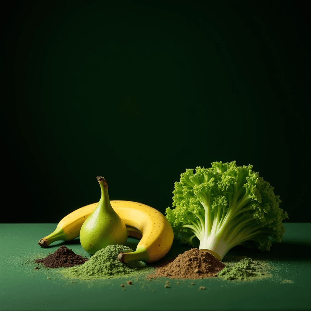 A banana, pear, and broccoli are displayed on a green surface with colorful powders.